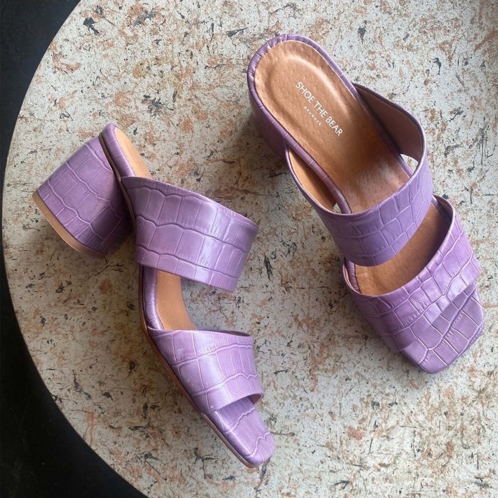 Shoe The Bear Lilac Croc-Embossed Block Heel Sandals